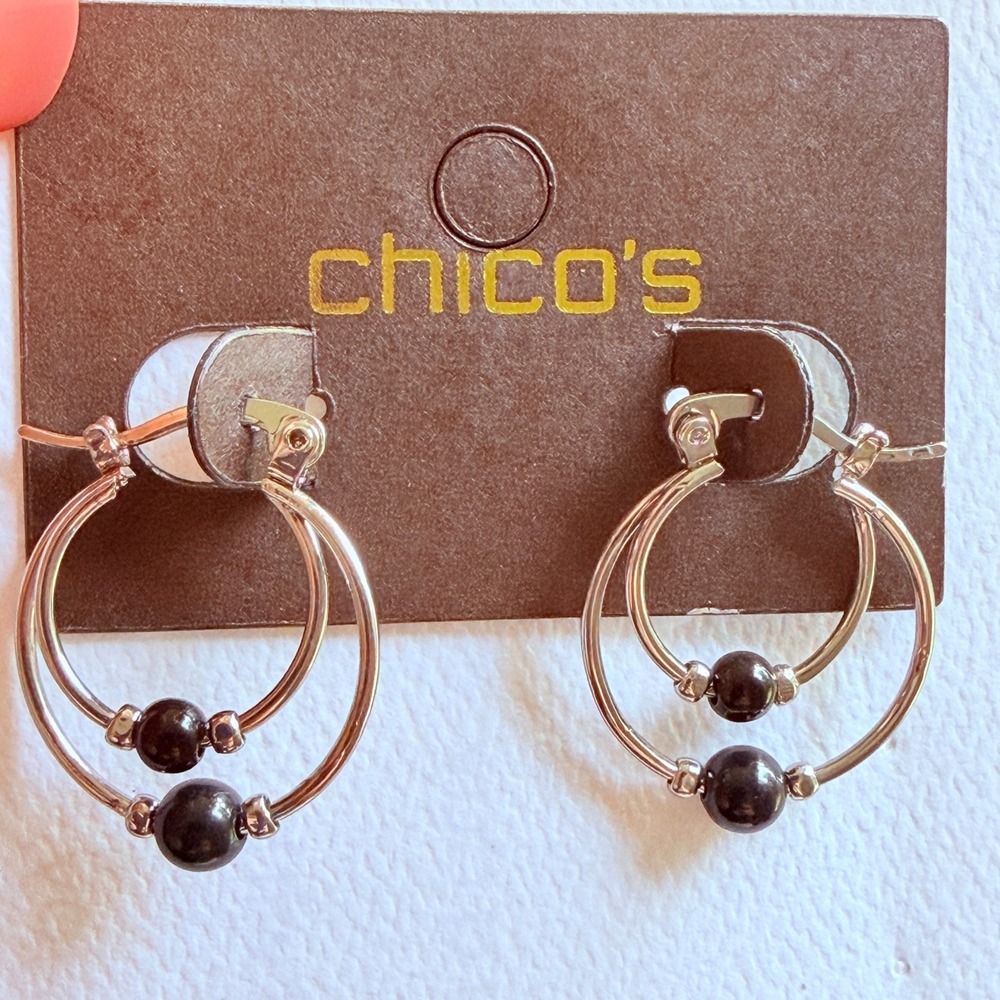 Chico's Hoop Earrings Y2K Silver Tone Black Bead 0.75" Double Hoop Locking Wire - Picture 7 of 8